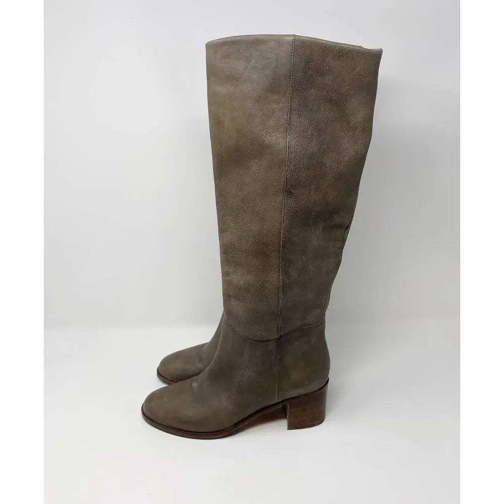 Kate Spade Size 6 Gray Leather Block Heeled Tall Boots Almond Toe Side Zipper
